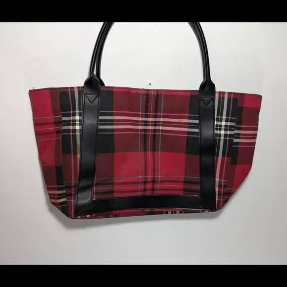 Victoria Secret Tote Bag Plaid Holiday Red Black Logo Everyday Casual Flower Bag - Picture 4 of 4